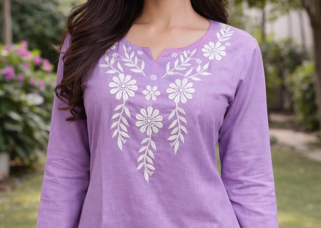 Women embroidered floral short kurta close up view