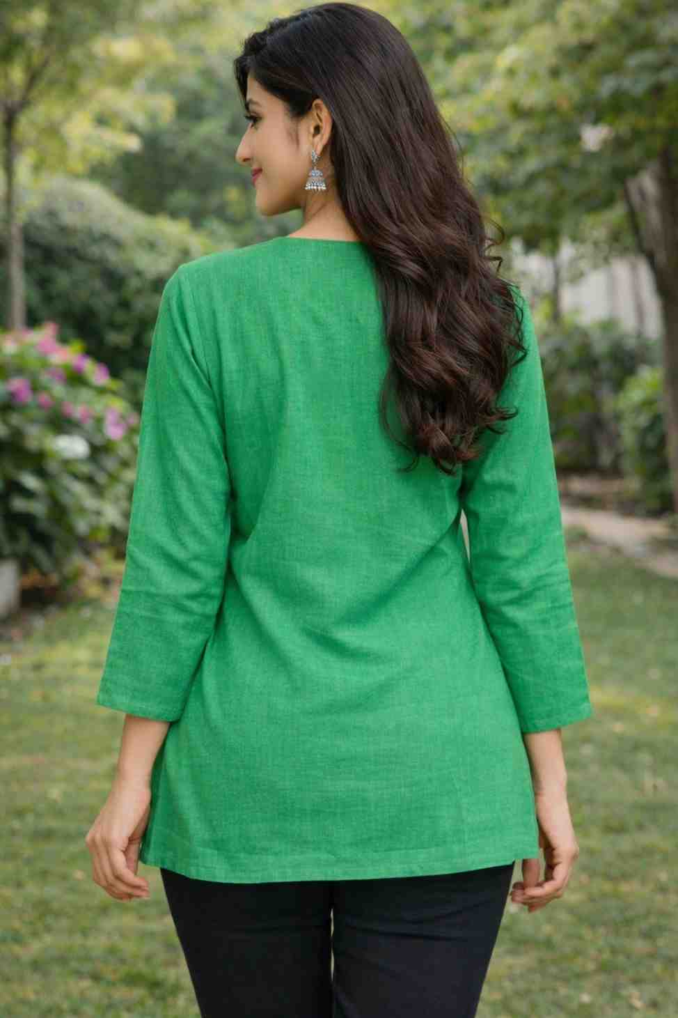 Women chikankari cotton embroidered floral short kurta back view