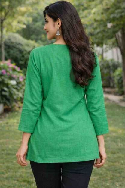 Women chikankari cotton embroidered floral short kurta back view