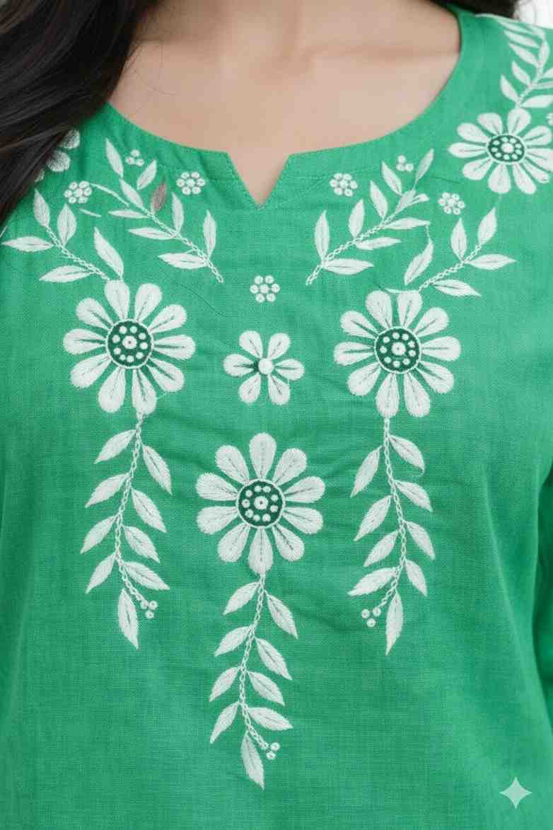Women embroidered cotton short kurta close up