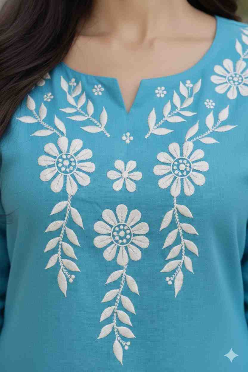 Women embroidered cotton short kurta close up