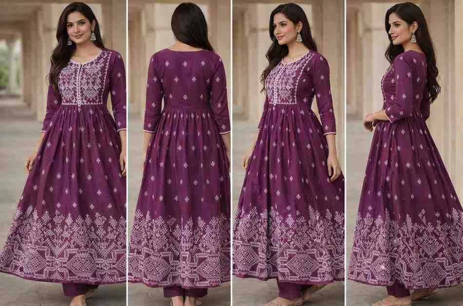 Elegant Wine Purple Anarkali Kurta Set with Ethnic Print 3 Pc Set - indiya Se