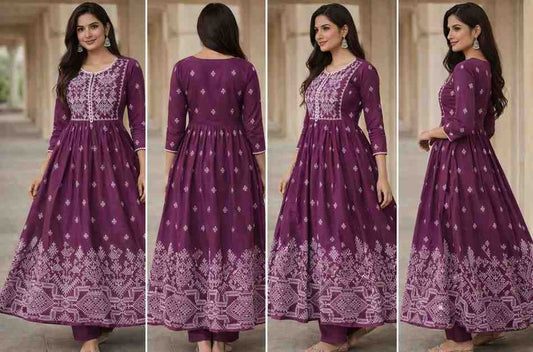 Elegant Wine Purple Anarkali Kurta Set with Ethnic Print 3 Pc Set - indiya Se