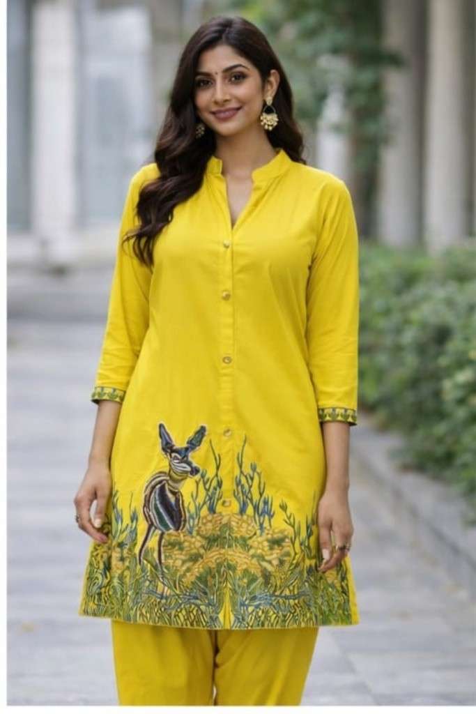 Elegant Yellow Cotton Kurta Pant Set with Printed Design 2 Pc Set for Women - indiya Se