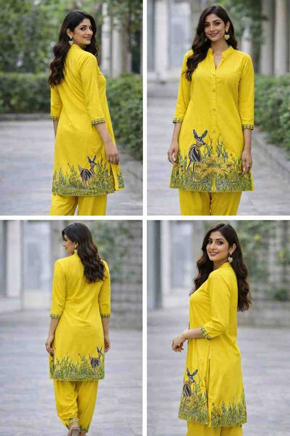 Yellow cotton kurta pant set for women with printed design