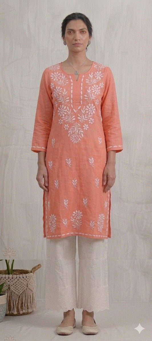 Peach Rayon Chikankari Embroidered Kurta for Women