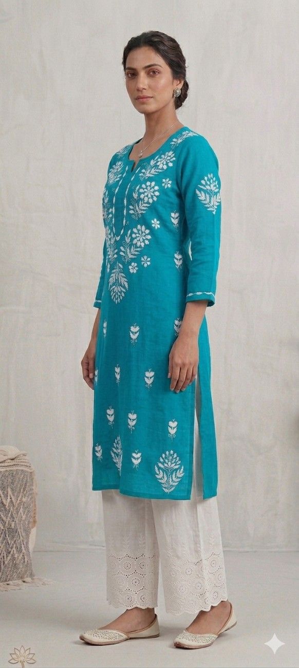 Blue Rayon Chikankari Embroidered Kurta for Women