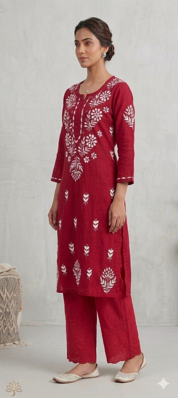 Red Rayon Chikankari Embroidered Kurta for Women