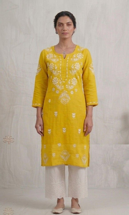Yellow Rayon Chikankari Embroidered Kurta for Women