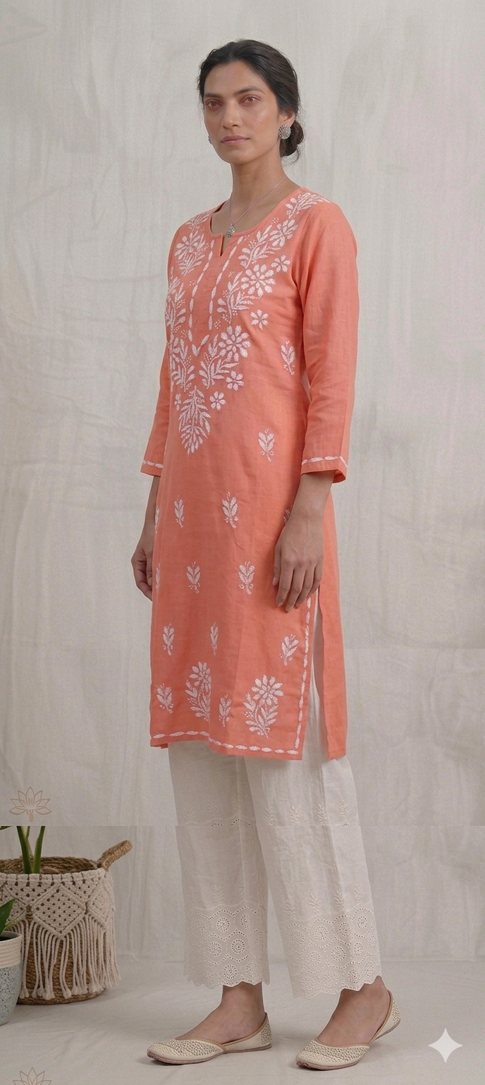 Peach Rayon Chikankari Embroidered Kurta for Women