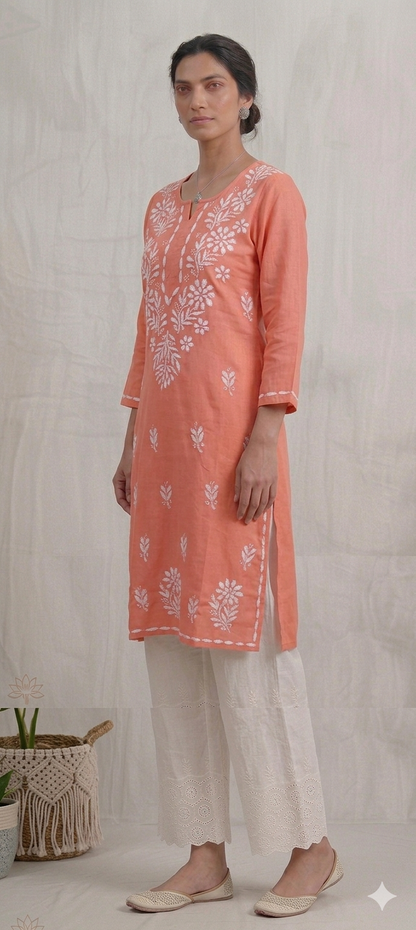 Peach Rayon Chikankari Embroidered Kurta for Women
