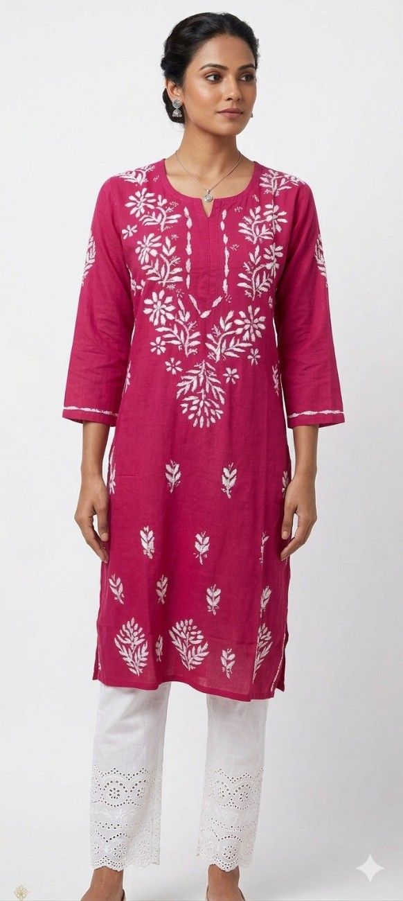 Pink Rayon Chikankari Embroidered Kurta for Women