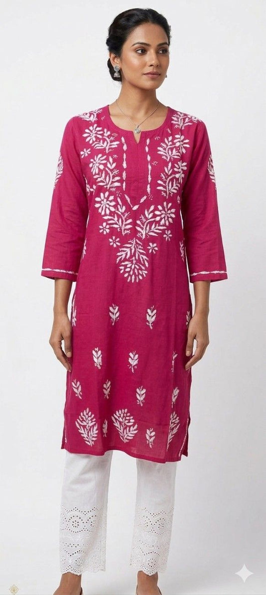Pink Rayon Chikankari Embroidered Kurta for Women
