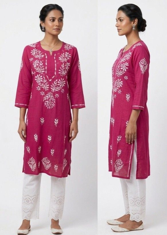 Pink Rayon Chikankari Embroidered Kurta for Women
