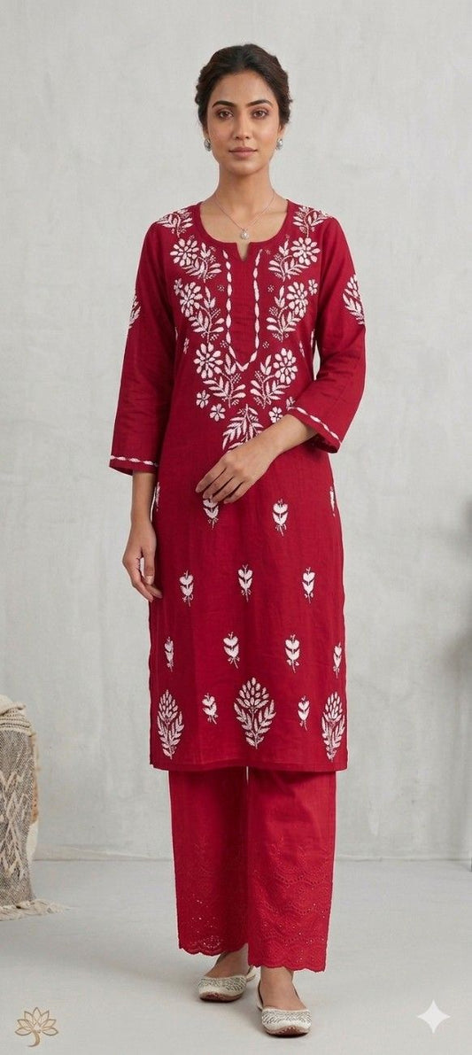 Red Rayon Chikankari Embroidered Kurta for Women