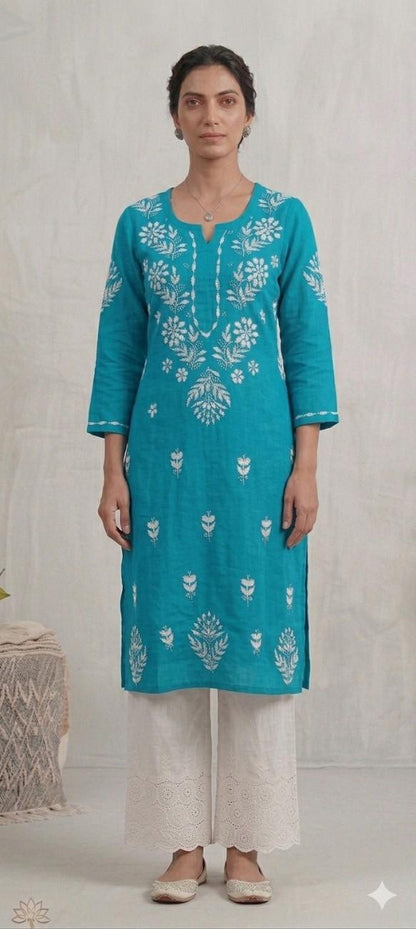 Blue Rayon Chikankari Embroidered Kurta for Women