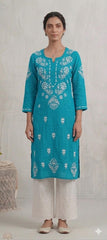 Blue Rayon Chikankari Embroidered Kurta for Women