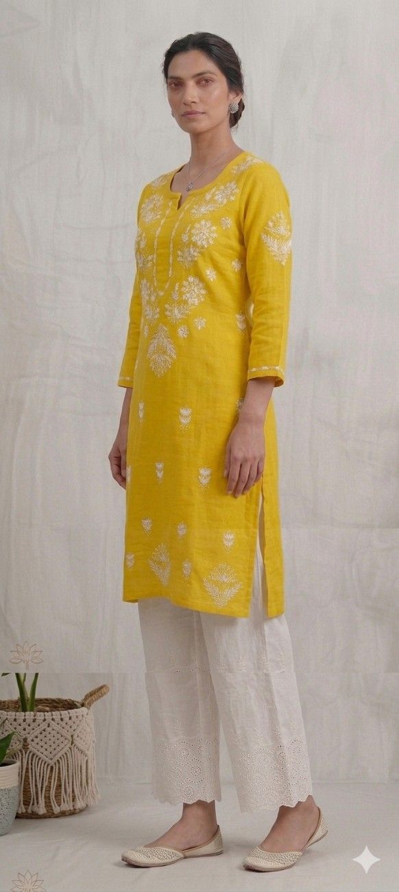 Yellow Rayon Chikankari Embroidered Kurta for Women