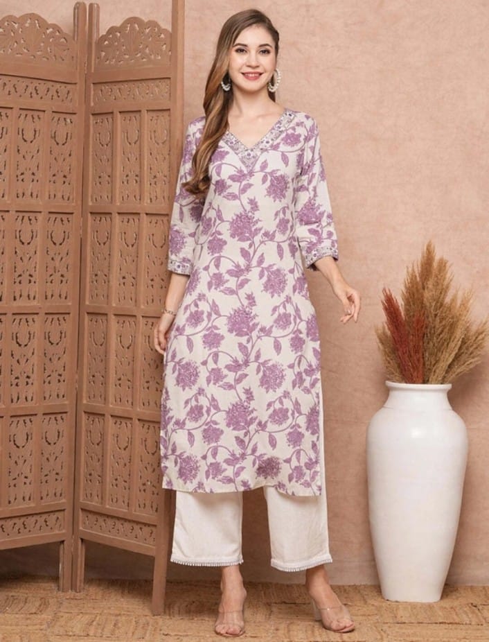 White-Lilac Floral Kurta