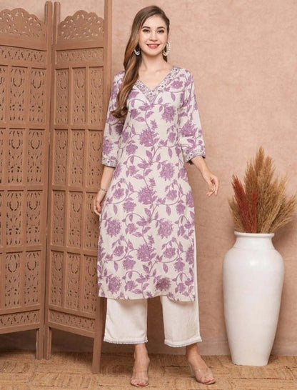 White-Lilac Floral Kurta