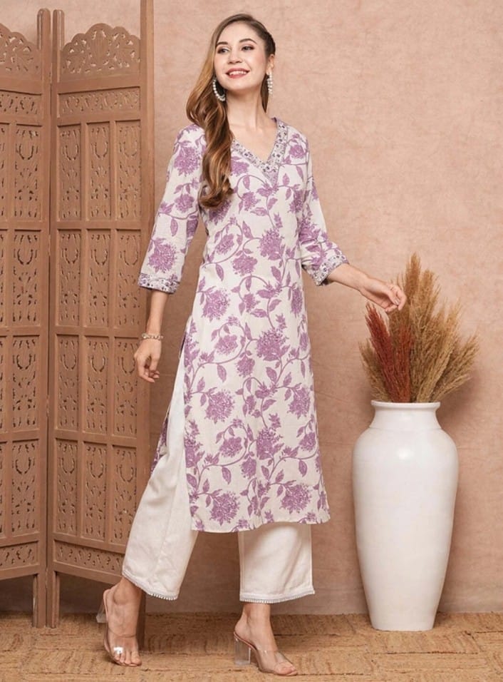 White-Lilac Floral Kurta