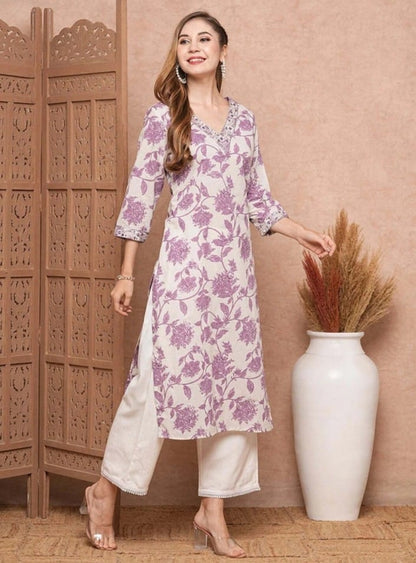 White-Lilac Floral Kurta