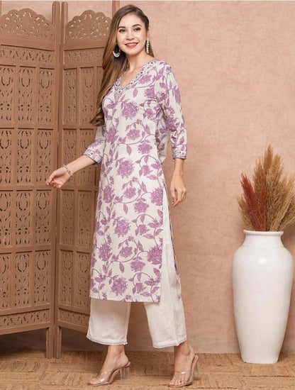 White-Lilac Floral Kurta