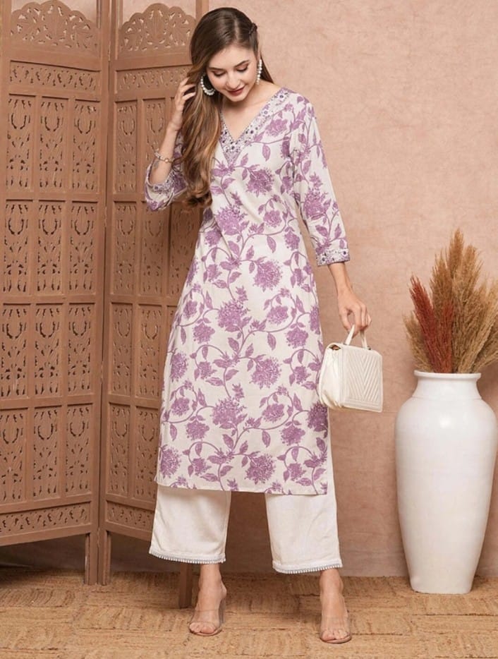 White-Lilac Floral Kurta