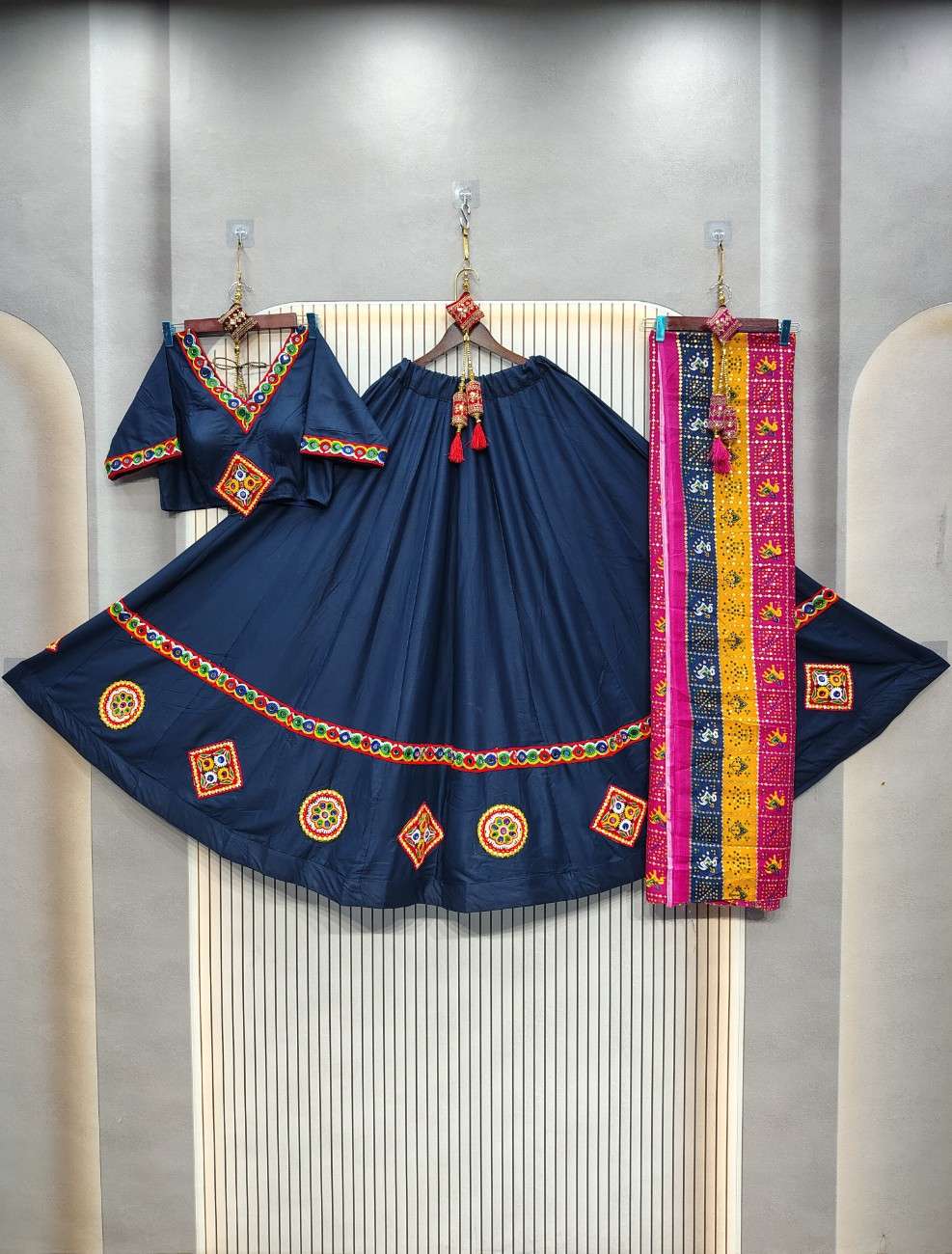 Pure cotton rayon chaniya with gamthi lace navratri lehenga