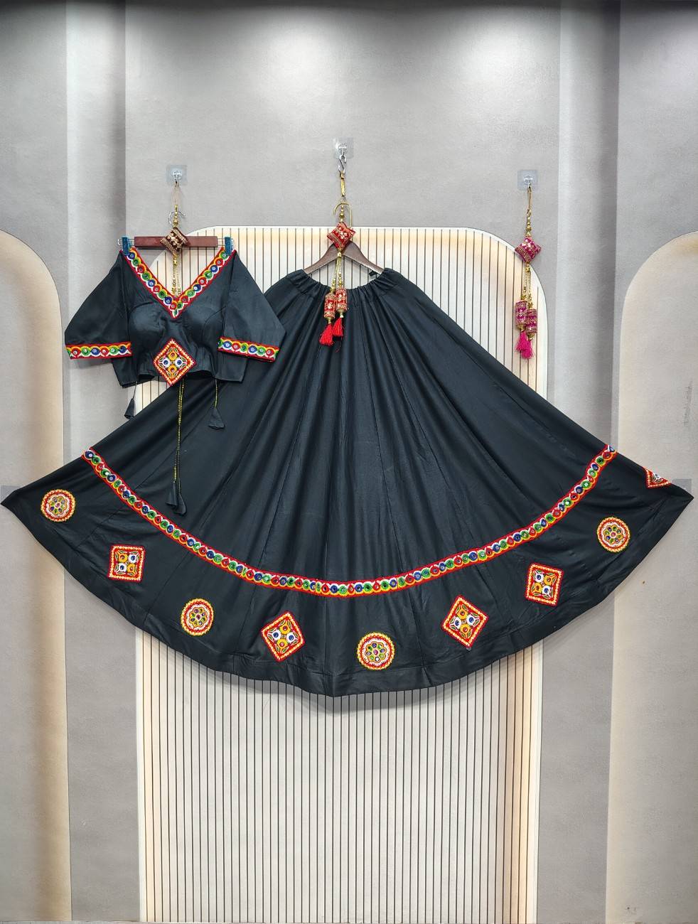Pure cotton rayon chaniya with gamthi lace navratri lehenga