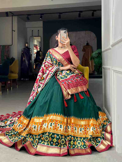Tussar silk lehenga with floral print and foil work festive wear