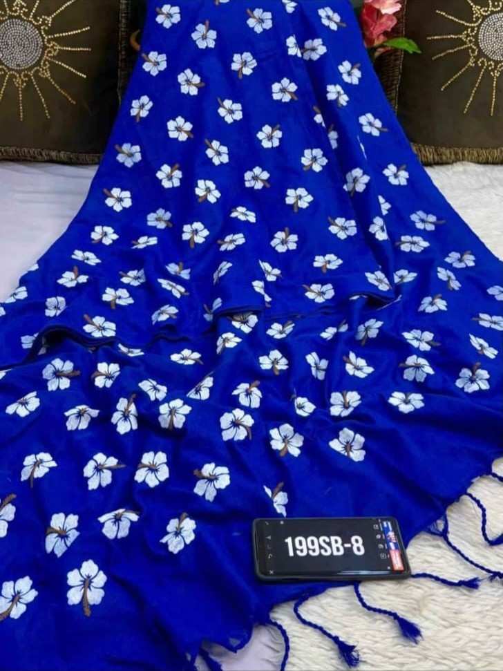 Blue fabric with white floral patterns on a textured surface