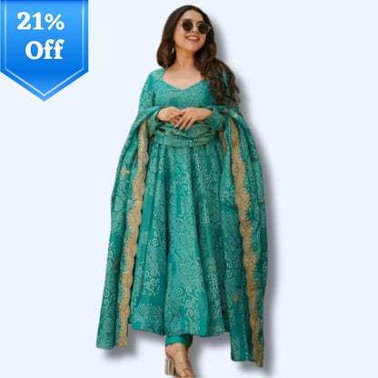 Pure Cotton Anarkali Bandhani Print Kurti Pant and Dupatta