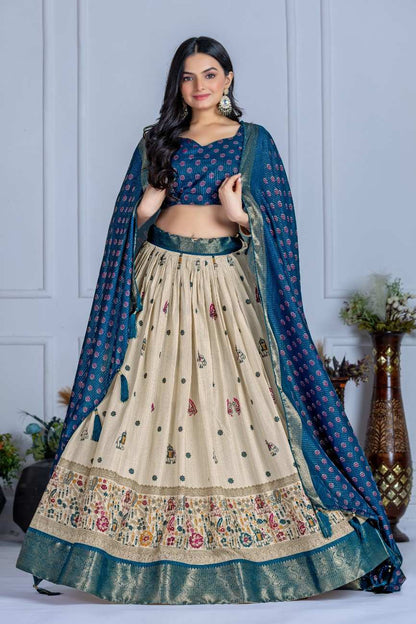 Tussar silk lehenga choli jacquard border foil work festive wear