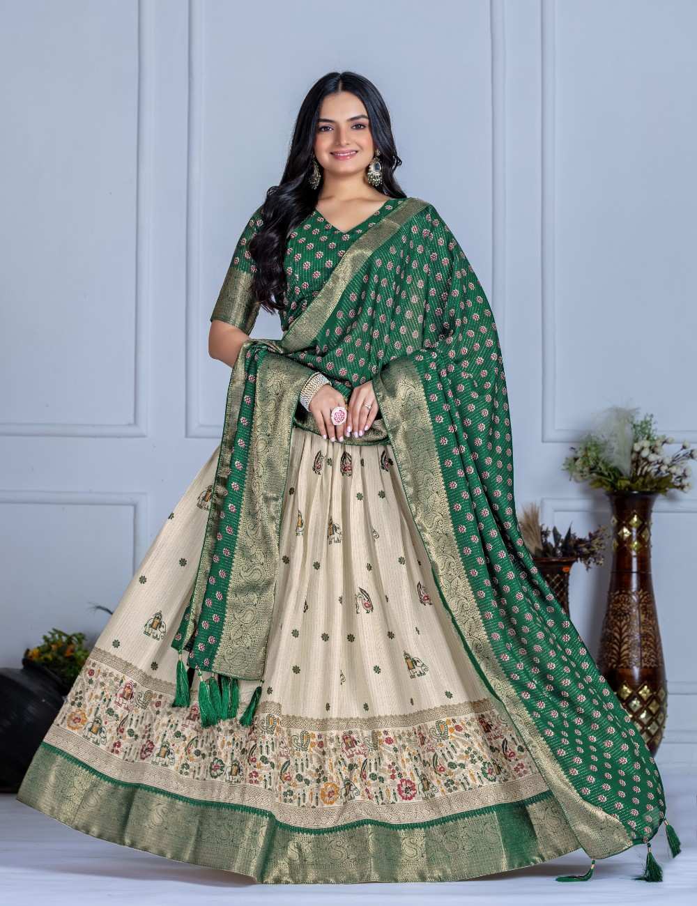 Tussar silk lehenga choli jacquard border foil work festive wear