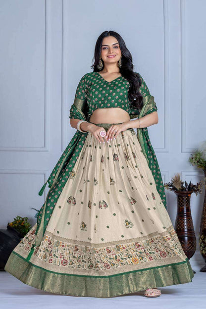 Tussar silk lehenga choli jacquard border foil work festive wear