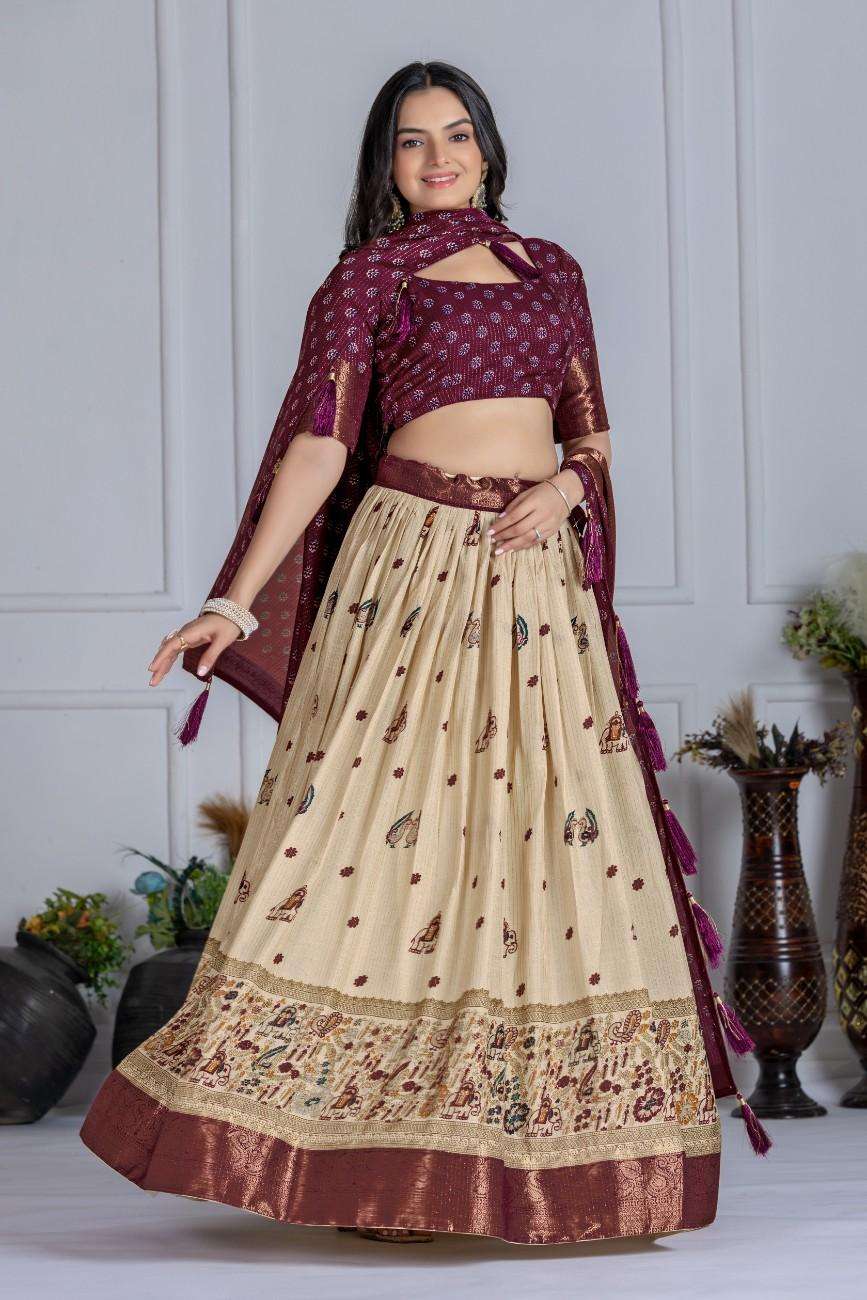 Tussar silk lehenga choli jacquard border foil work festive wear