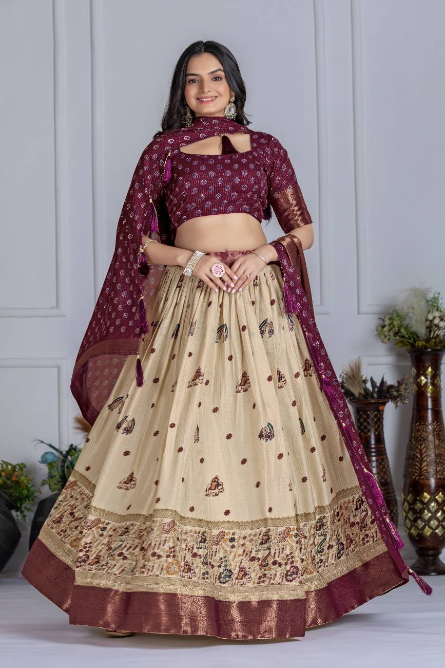 Tussar silk lehenga choli jacquard border foil work festive wear