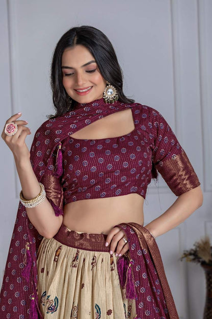 Tussar silk lehenga choli jacquard border foil work festive wear