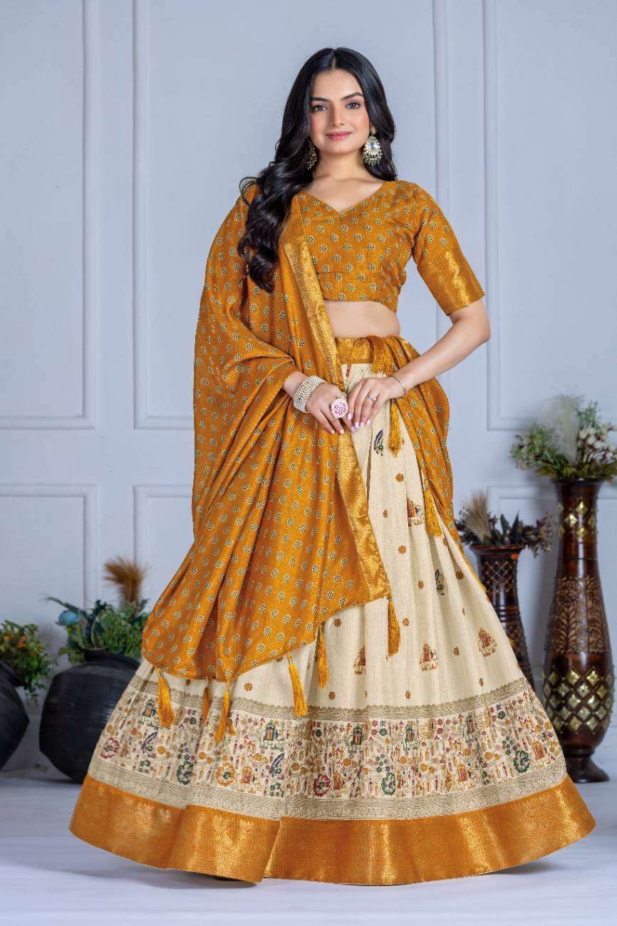 Tussar silk lehenga choli jacquard border foil work festive wear