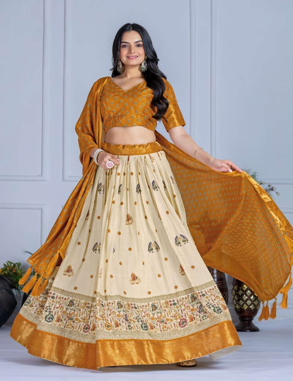 Tussar silk lehenga choli jacquard border foil work festive wear