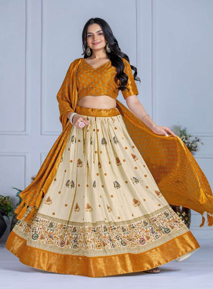Tussar silk lehenga choli jacquard border foil work festive wear