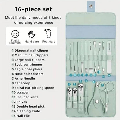 16-piece grooming set with tools and a roll-up case on a light gray background