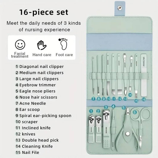 16-piece grooming set with tools and a roll-up case on a light gray background