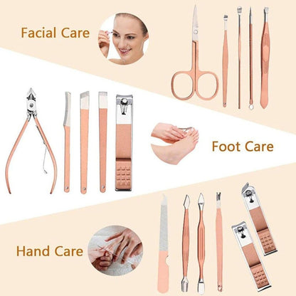 Set of facial, foot, and hand care tools on a beige background with text labels.