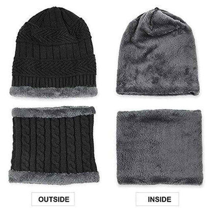 Winter Knit Woolen Hat & Neck Scarf Set with Fleece Lining (Unisex)