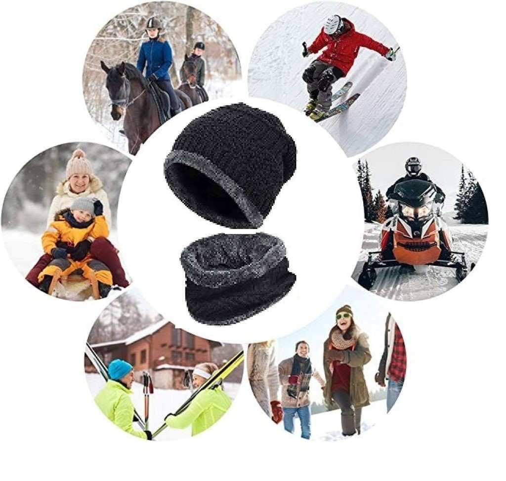 Winter Knit Woolen Hat & Neck Scarf Set with Fleece Lining (Unisex)