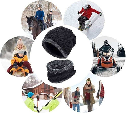 Winter Knit Woolen Hat & Neck Scarf Set with Fleece Lining (Unisex)