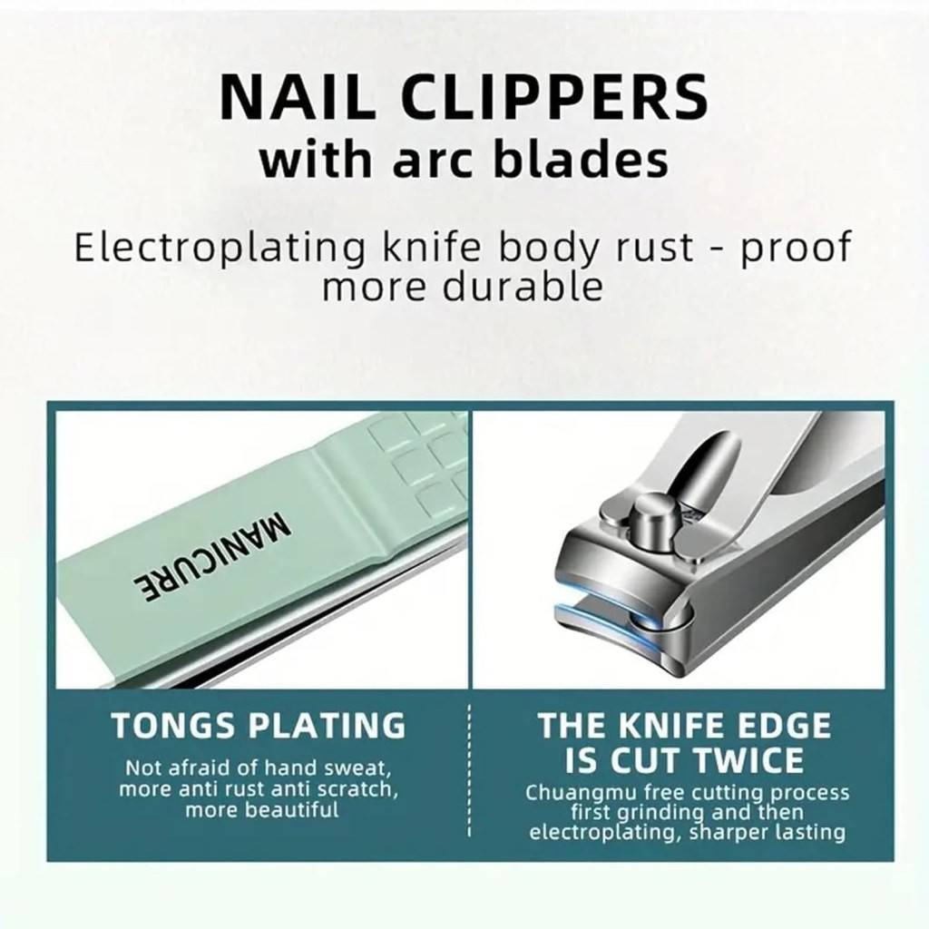 Nail clippers with arc blades and electroplating features on a white background