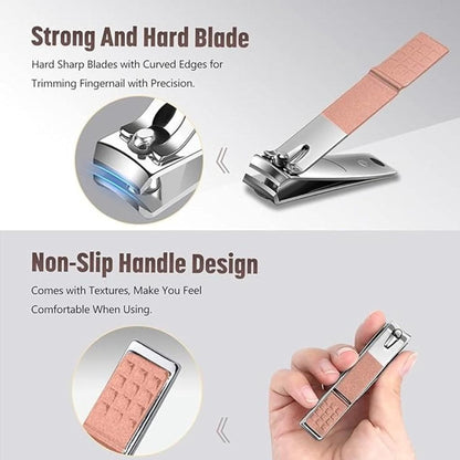 Nail clipper with pink handle and text highlighting features on a gray background
